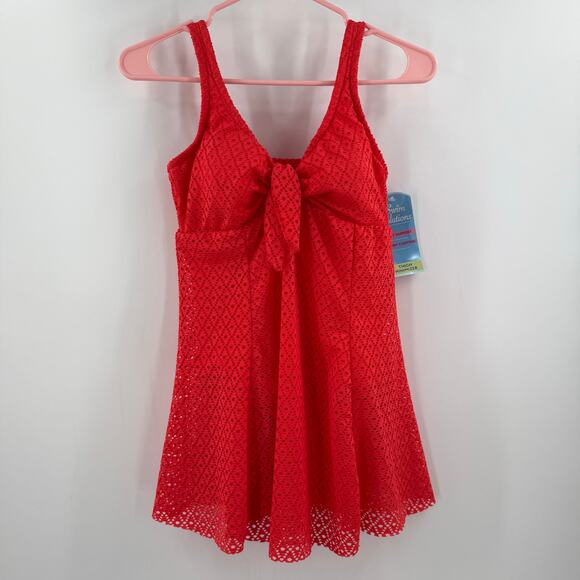 Swim Solutions Swim Dress Size 12 Bow Front Tummy Control Swimsuit Orange NWT - Picture 16 of 16